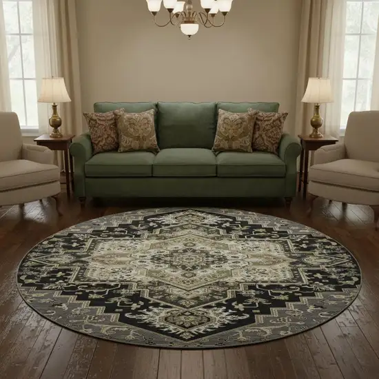 8' Black Gold And Beige Oriental Washable Round Rug With UV Protection Photo 2