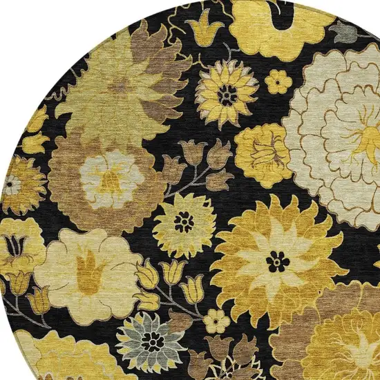8' Black Gold And Beige Round Floral Washable Indoor Outdoor Area Rug Photo 7