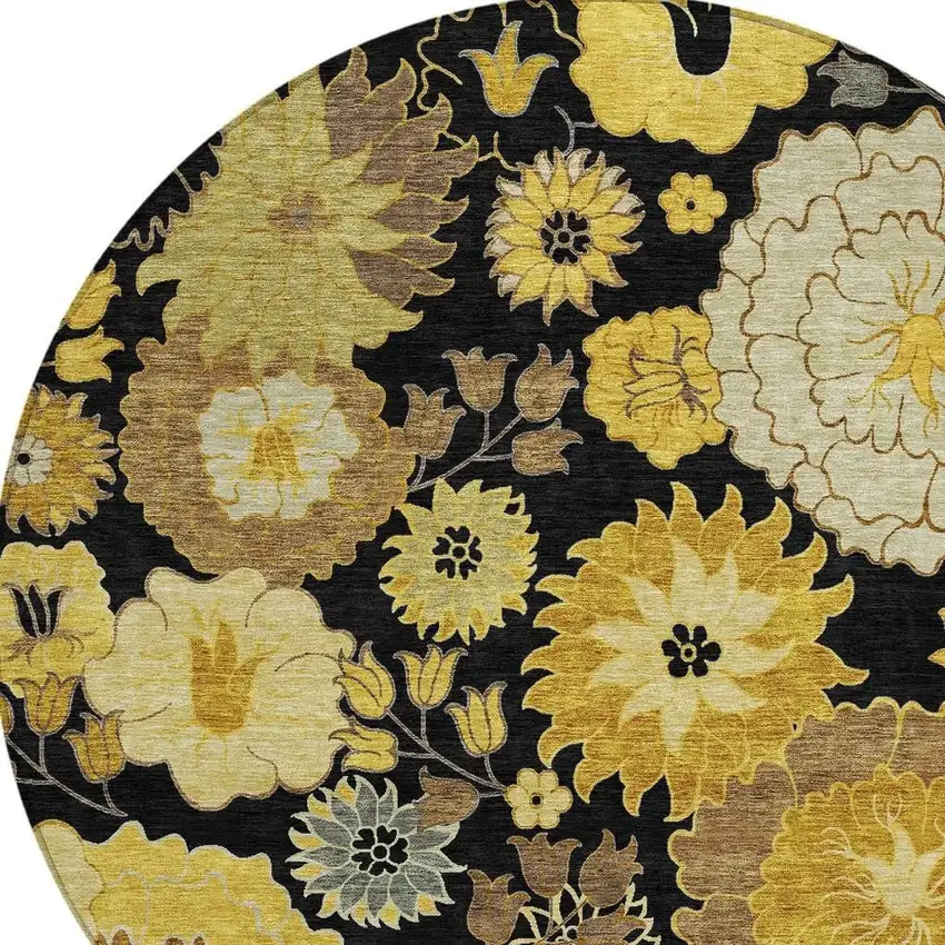 8' Black Gold And Beige Round Floral Washable Indoor Outdoor Area Rug Photo 7