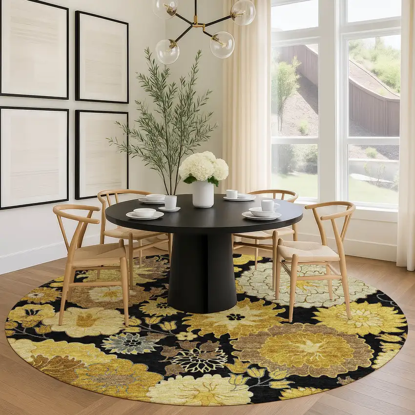 8' Black Gold And Beige Round Floral Washable Indoor Outdoor Area Rug Photo 9
