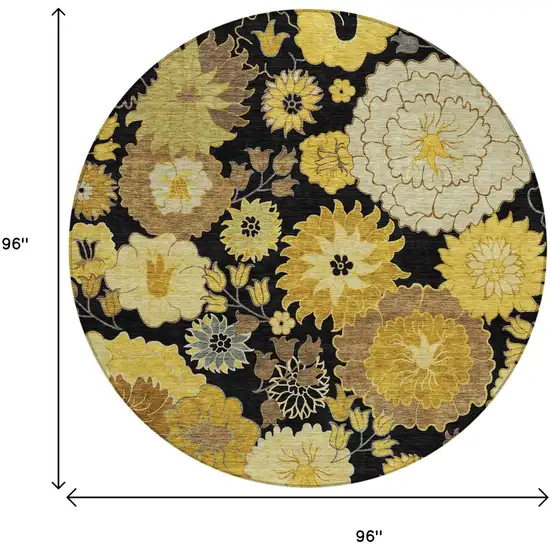 8' Black Gold And Beige Round Floral Washable Indoor Outdoor Area Rug Photo 3