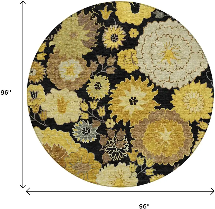 8' Black Gold And Beige Round Floral Washable Indoor Outdoor Area Rug Photo 3