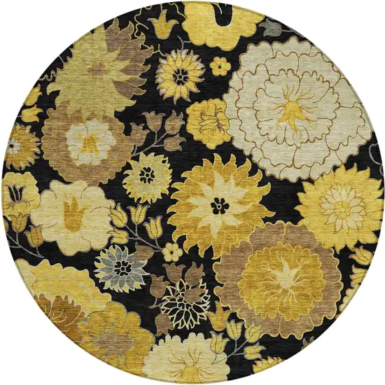 8' Black Gold And Beige Round Floral Washable Indoor Outdoor Area Rug Photo 2
