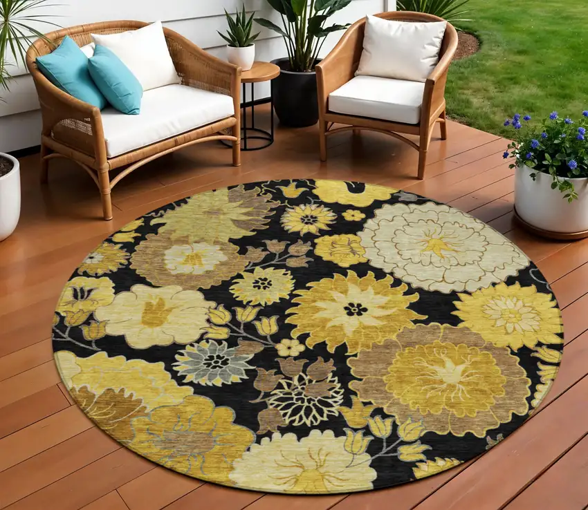 8' Black Gold And Beige Round Floral Washable Indoor Outdoor Area Rug Photo 1