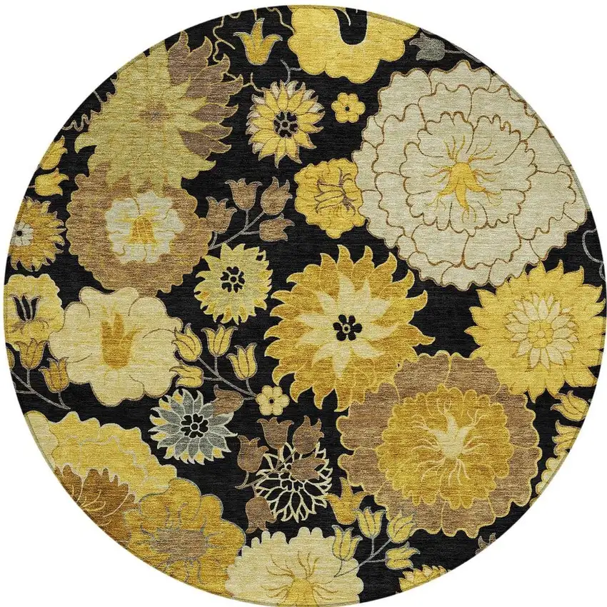 8' Black Gold And Beige Round Floral Washable Indoor Outdoor Area Rug Photo 4