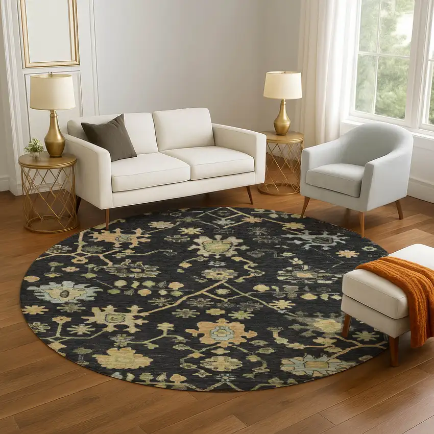 8' Black Gold And Blue Floral Washable Round Rug With UV Protection Photo 5