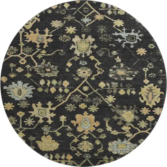 8' Black Gold And Blue Floral Washable Round Rug With UV Protection Photo 1