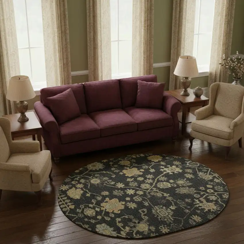 8' Black Gold And Blue Floral Washable Round Rug With UV Protection Photo 2