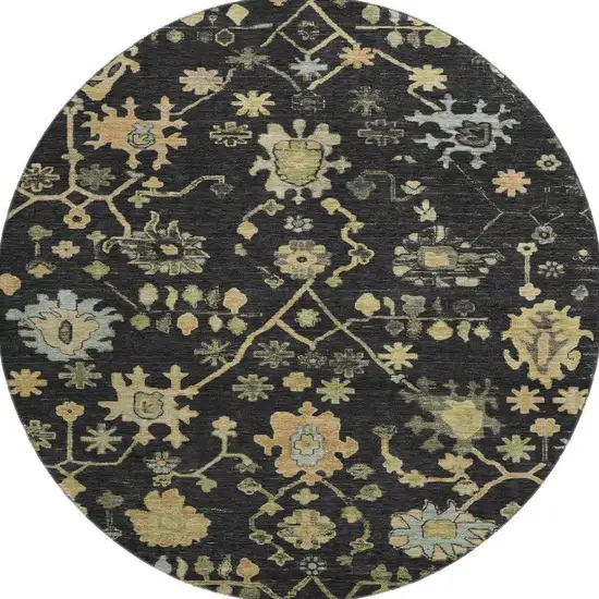 8' Black Gold And Blue Floral Washable Round Rug With UV Protection Photo 3