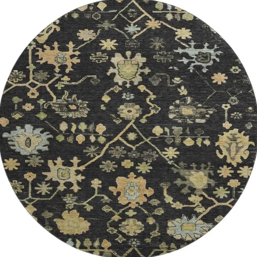 8' Black Gold And Blue Floral Washable Round Rug With UV Protection Photo 3