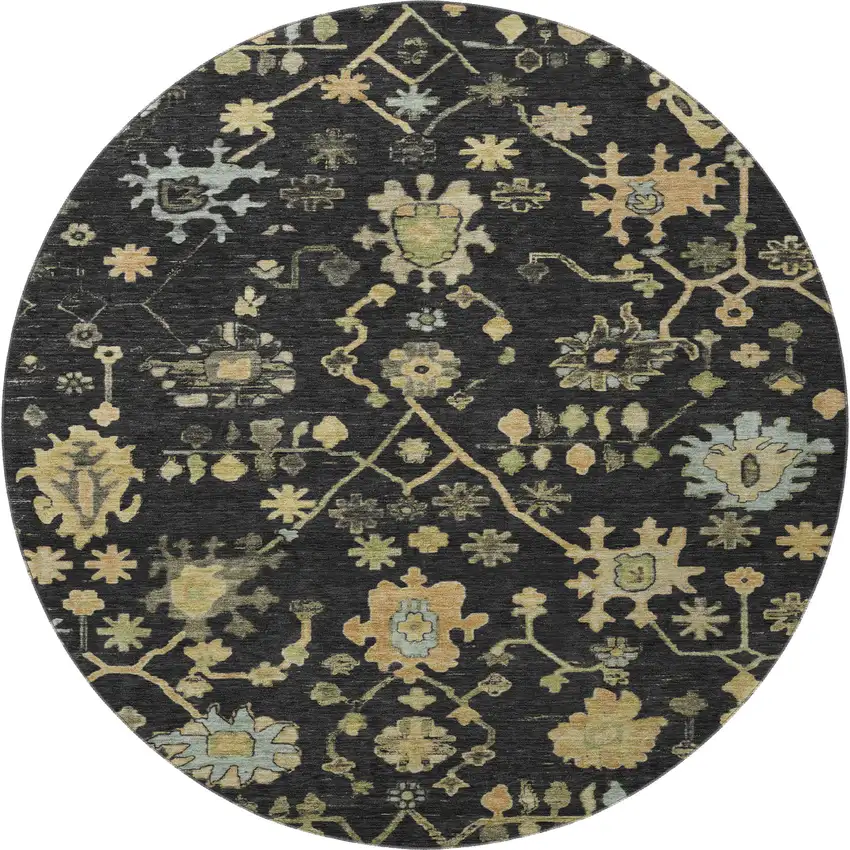 8' Black Gold And Blue Floral Washable Round Rug With UV Protection Photo 4