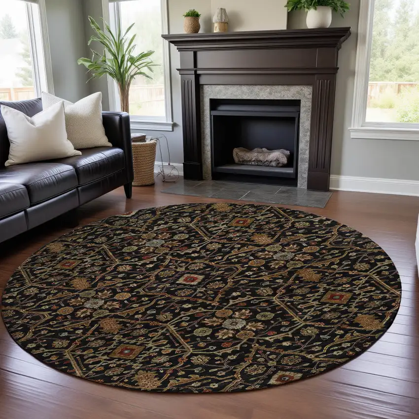 8' Black Gold And Blue Oriental Washable Round Rug With UV Protection Photo 4