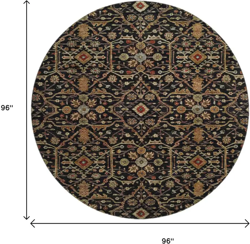 8' Black Gold And Blue Oriental Washable Round Rug With UV Protection Photo 9
