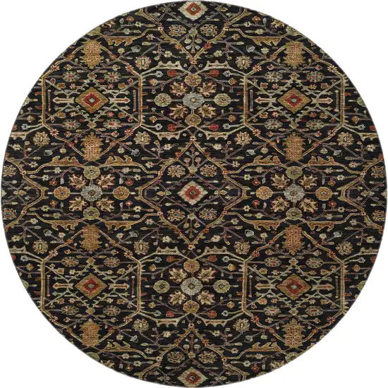 8' Black Gold And Blue Oriental Washable Round Rug With UV Protection Photo 3
