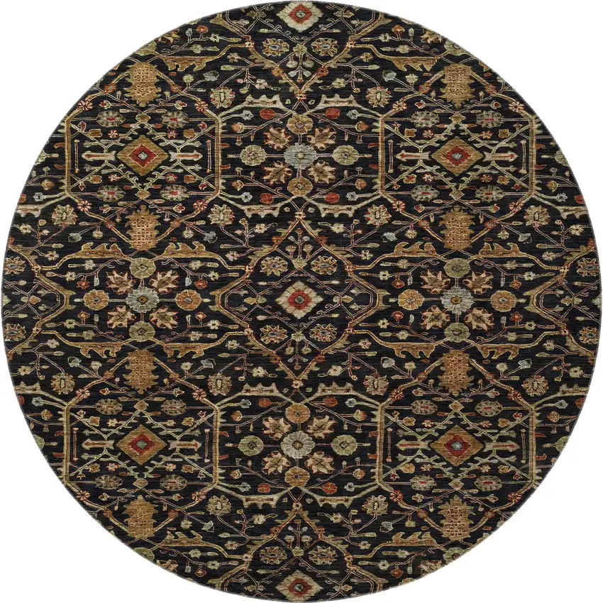 8' Black Gold And Blue Oriental Washable Round Rug With UV Protection Photo 3