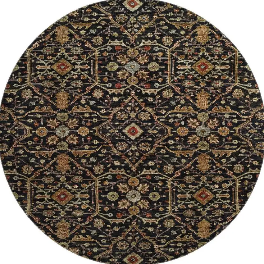 8' Black Gold And Blue Oriental Washable Round Rug With UV Protection Photo 2