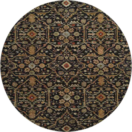 8' Black Gold And Blue Oriental Washable Round Rug With UV Protection Photo 1