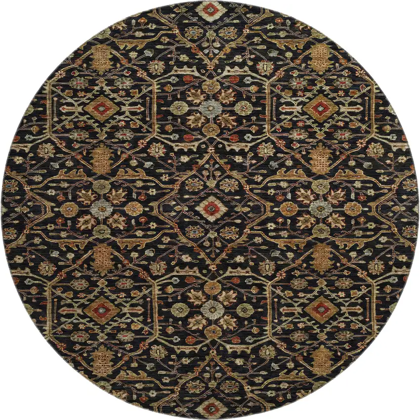 8' Black Gold And Blue Oriental Washable Round Rug With UV Protection Photo 1