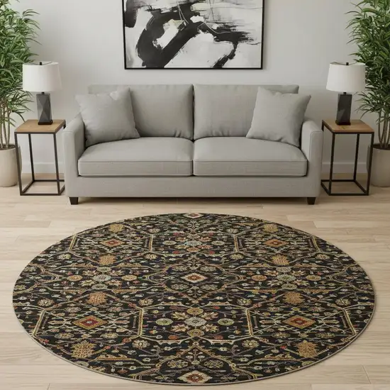 8' Black Gold And Blue Oriental Washable Round Rug With UV Protection Photo 2