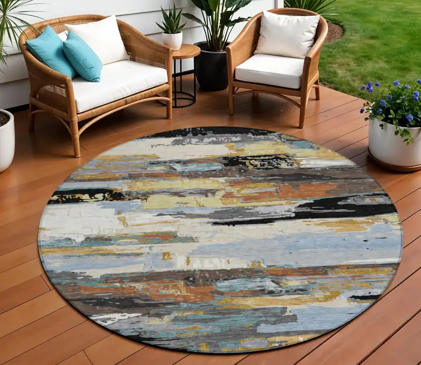 8' Black Gold And Blue Round Abstract Washable Indoor Outdoor Area Rug Photo 1