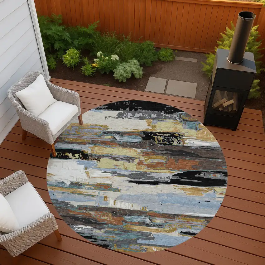8' Black Gold And Blue Round Abstract Washable Indoor Outdoor Area Rug Photo 7