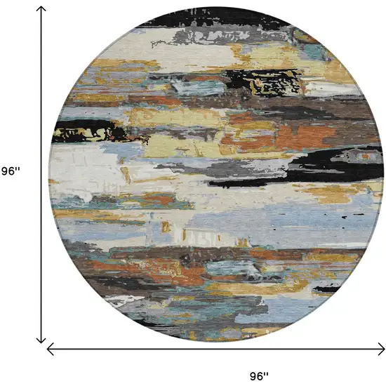 8' Black Gold And Blue Round Abstract Washable Indoor Outdoor Area Rug Photo 3