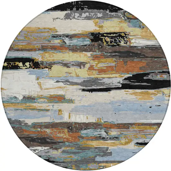 8' Black Gold And Blue Round Abstract Washable Indoor Outdoor Area Rug Photo 2