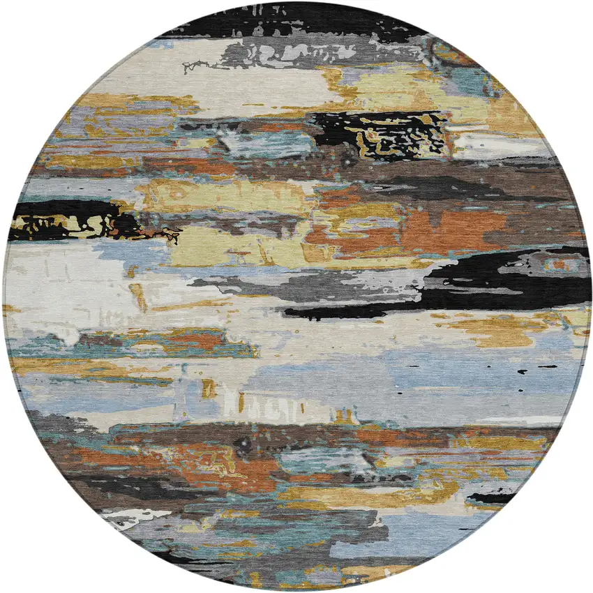 8' Black Gold And Blue Round Abstract Washable Indoor Outdoor Area Rug Photo 2