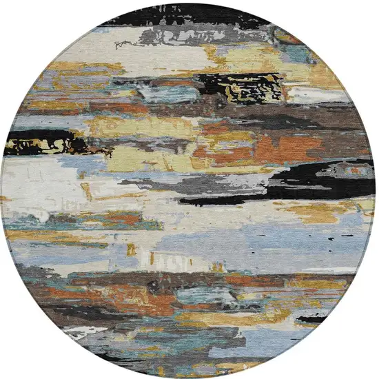8' Black Gold And Blue Round Abstract Washable Indoor Outdoor Area Rug Photo 4