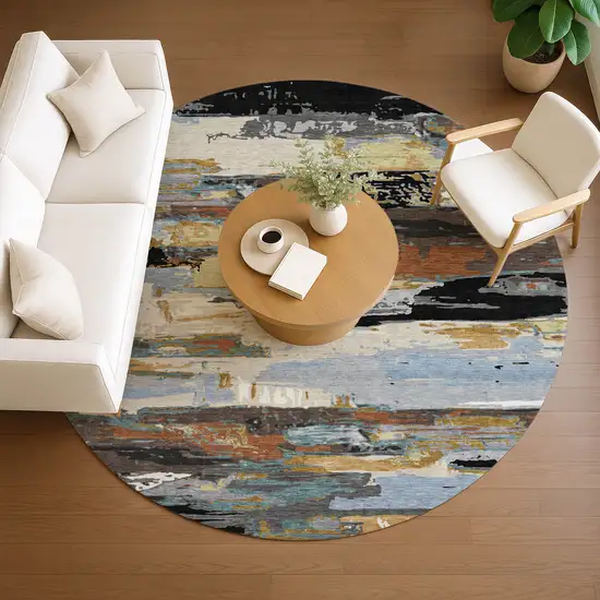 8' Black Gold And Blue Round Abstract Washable Indoor Outdoor Area Rug Photo 8