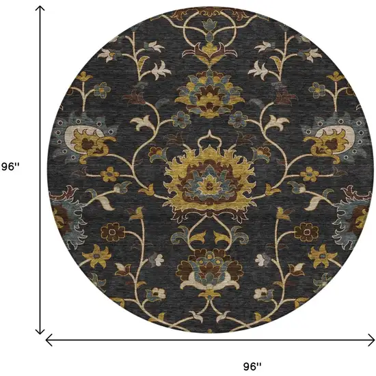 8' Black Gold And Blue Round Floral Washable Indoor Outdoor Area Rug Photo 3