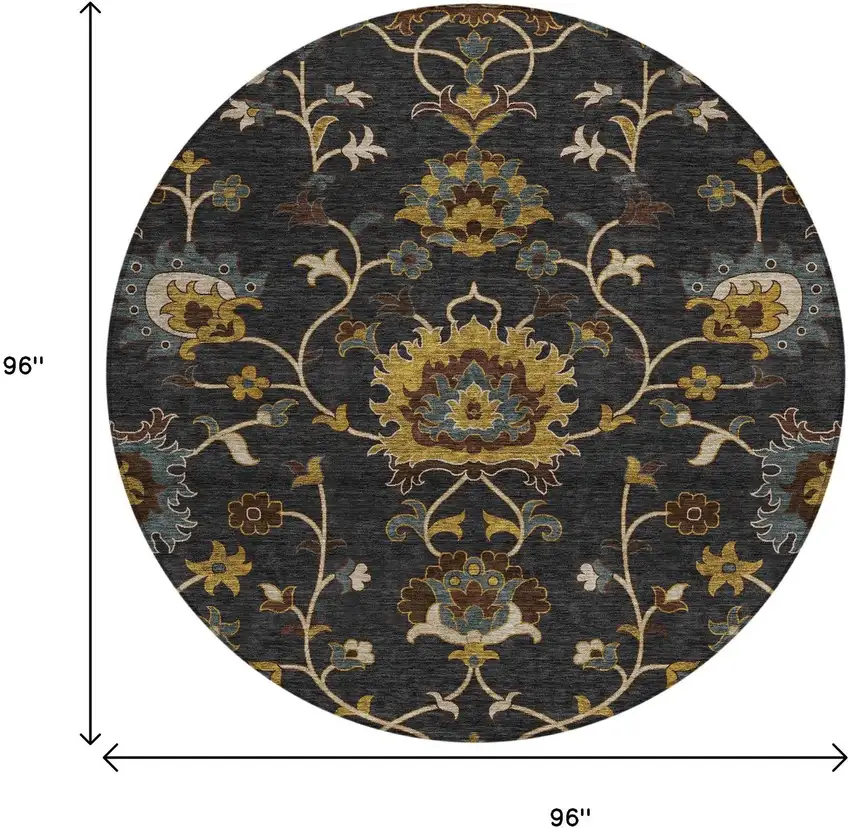 8' Black Gold And Blue Round Floral Washable Indoor Outdoor Area Rug Photo 3