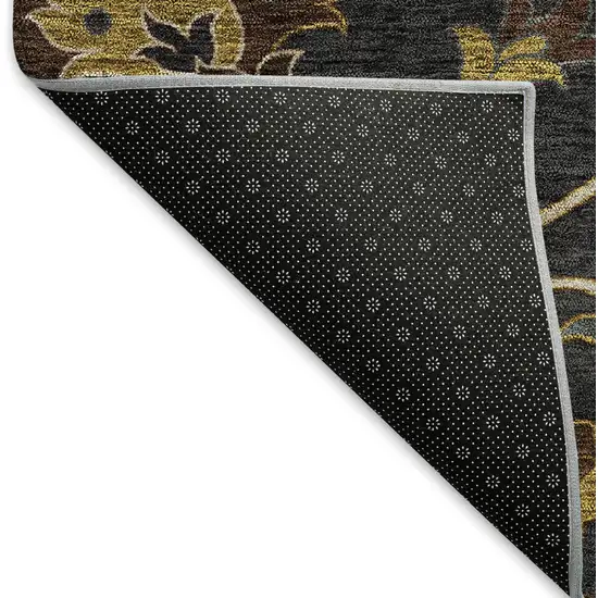 8' Black Gold And Blue Round Floral Washable Indoor Outdoor Area Rug Photo 5