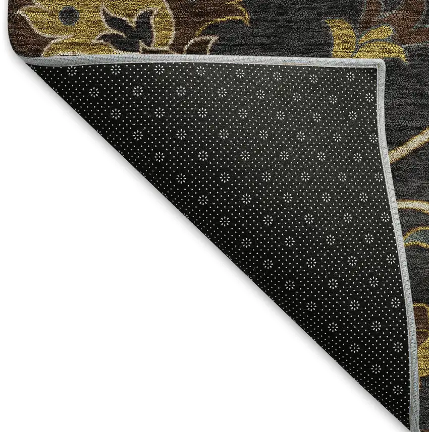 8' Black Gold And Blue Round Floral Washable Indoor Outdoor Area Rug Photo 5