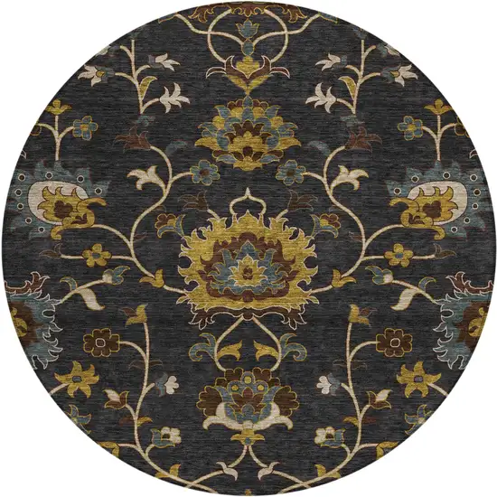 8' Black Gold And Blue Round Floral Washable Indoor Outdoor Area Rug Photo 2