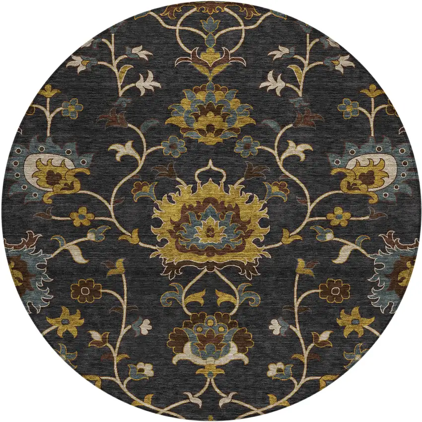 8' Black Gold And Blue Round Floral Washable Indoor Outdoor Area Rug Photo 2