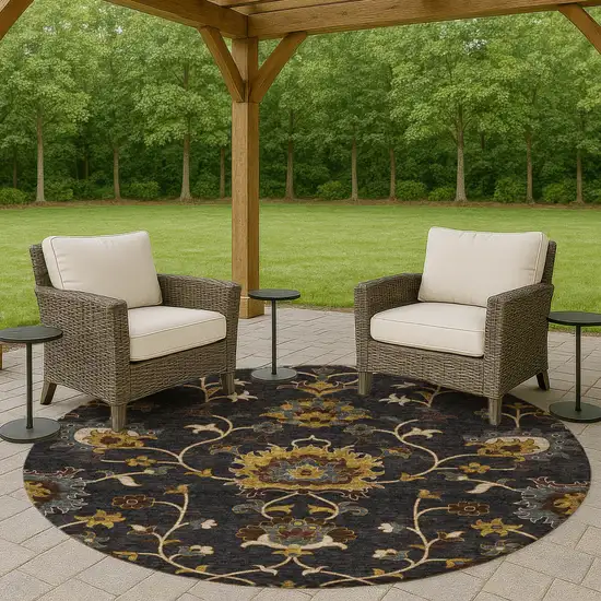 8' Black Gold And Blue Round Floral Washable Indoor Outdoor Area Rug Photo 8