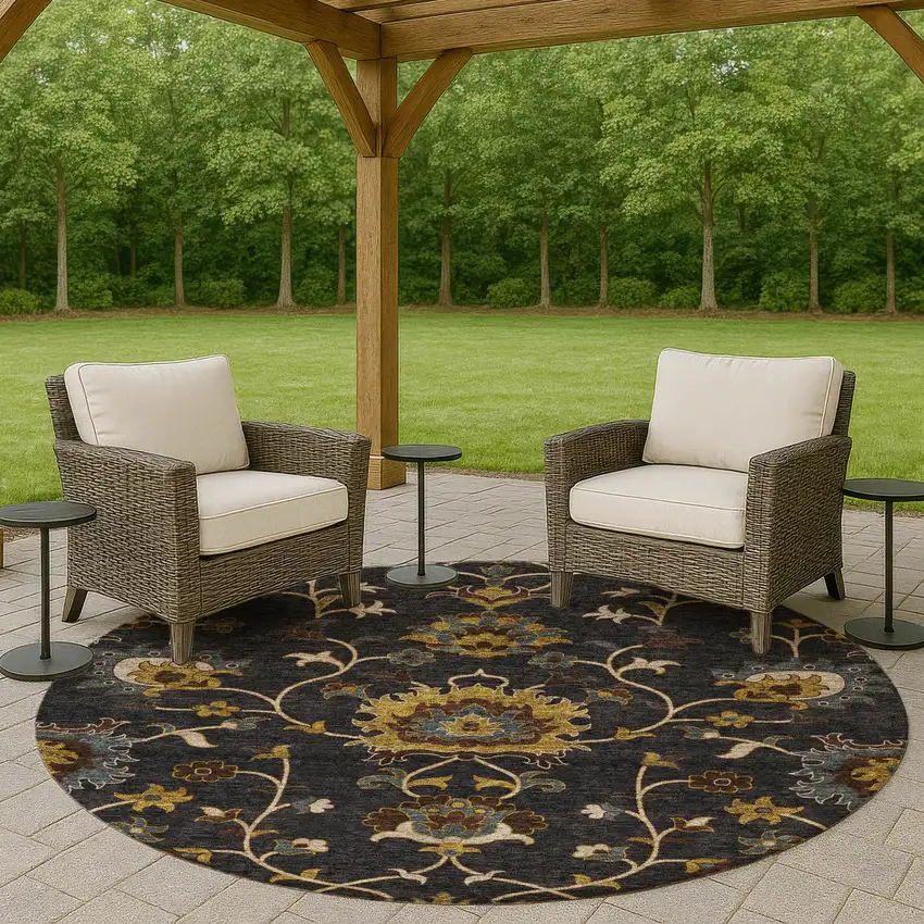 8' Black Gold And Blue Round Floral Washable Indoor Outdoor Area Rug Photo 8