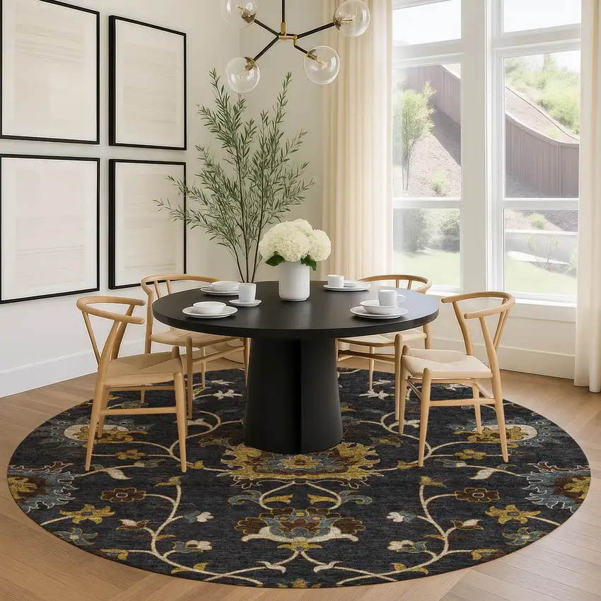 8' Black Gold And Blue Round Floral Washable Indoor Outdoor Area Rug Photo 9