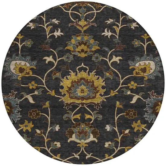 8' Black Gold And Blue Round Floral Washable Indoor Outdoor Area Rug Photo 4
