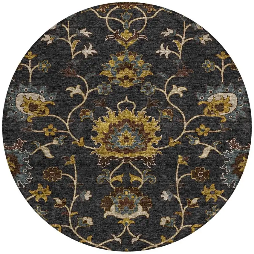 8' Black Gold And Blue Round Floral Washable Indoor Outdoor Area Rug Photo 4
