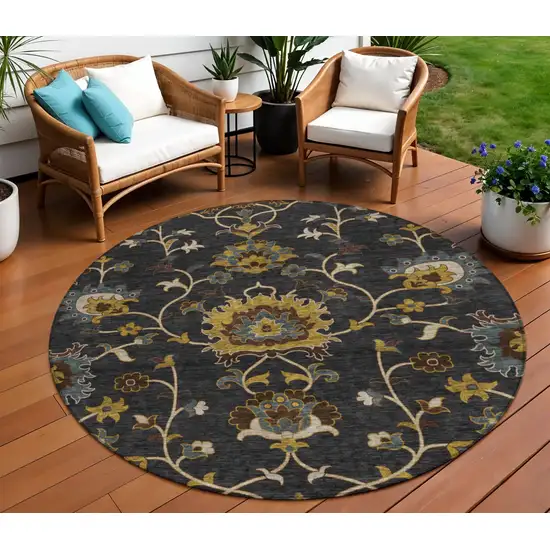 8' Black Gold And Blue Round Floral Washable Indoor Outdoor Area Rug Photo 1