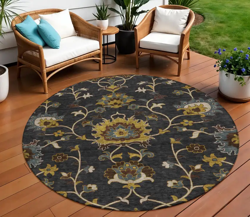 8' Black Gold And Blue Round Floral Washable Indoor Outdoor Area Rug Photo 1