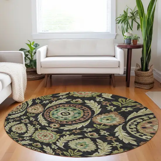 8' Black Gold And Copper Floral Washable Round Rug With UV Protection Photo 5