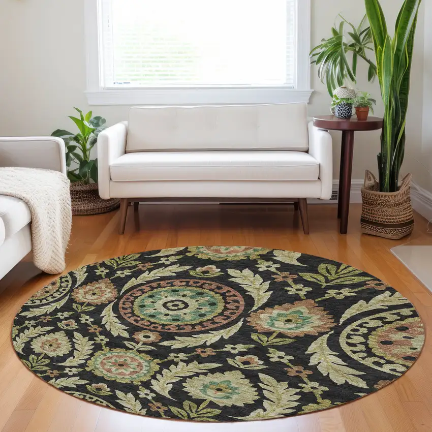 8' Black Gold And Copper Floral Washable Round Rug With UV Protection Photo 5