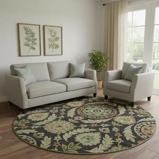 8' Black Gold And Copper Floral Washable Round Rug With UV Protection Photo 1