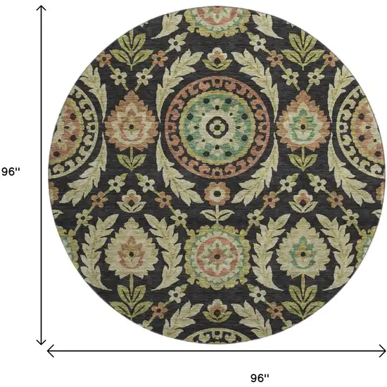 8' Black Gold And Copper Floral Washable Round Rug With UV Protection Photo 3