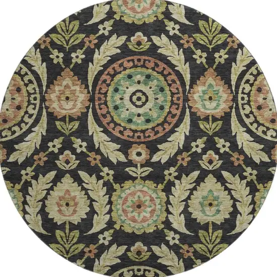 8' Black Gold And Copper Floral Washable Round Rug With UV Protection Photo 4