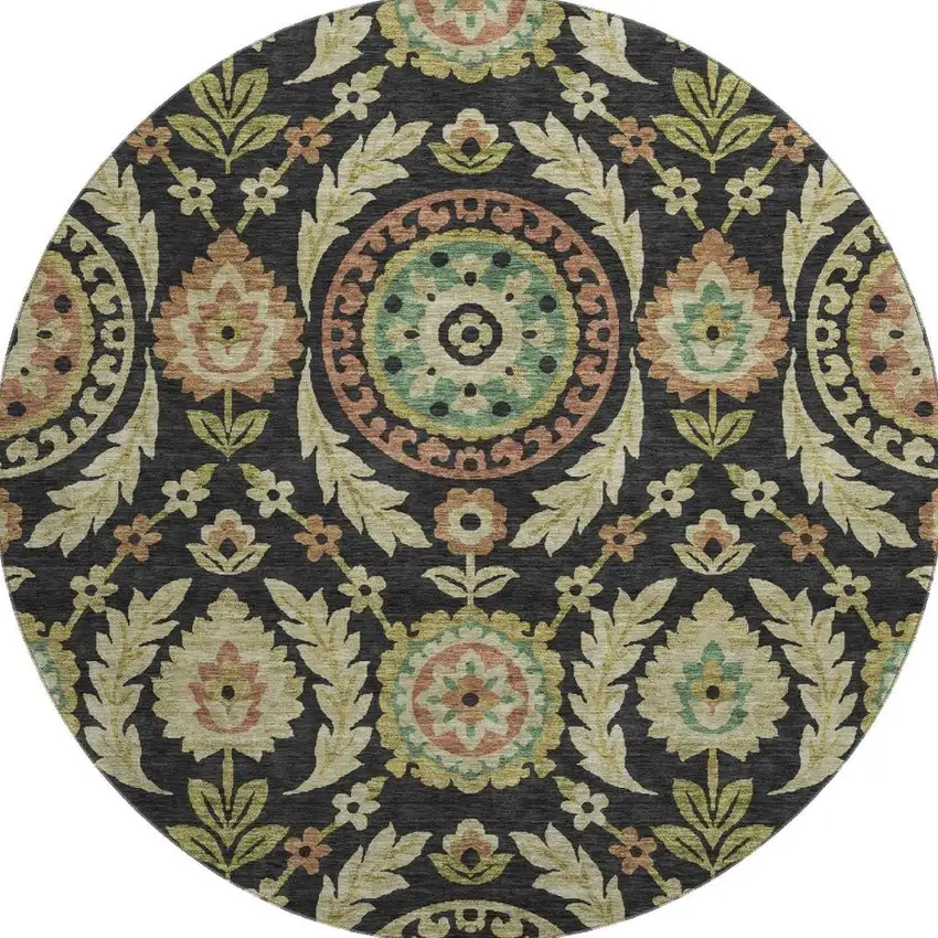 8' Black Gold And Copper Floral Washable Round Rug With UV Protection Photo 4
