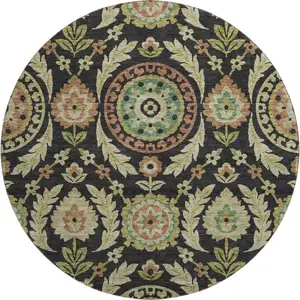 Photo of 8' Black Gold And Copper Floral Washable Round Rug With UV Protection